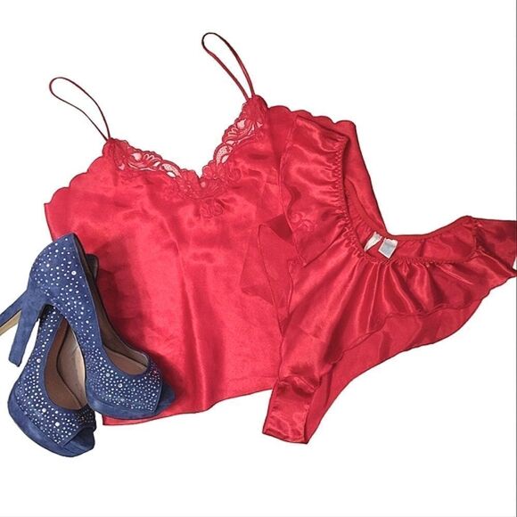 VTG 1970s Red Satin Lace Cami And Bottoms Lingerie Set Size Medium - Picture 1 of 17